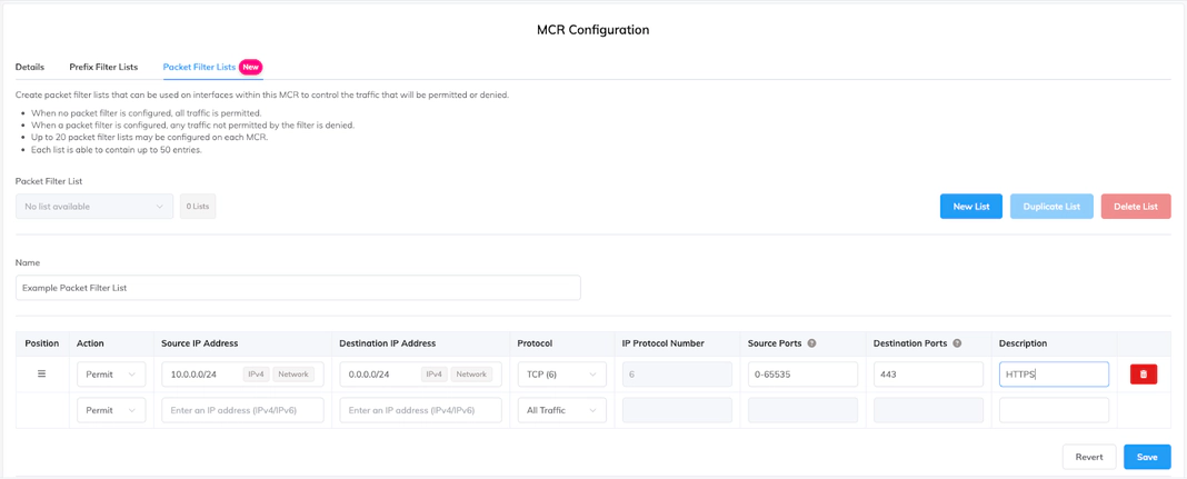 Creating a packet filter list.