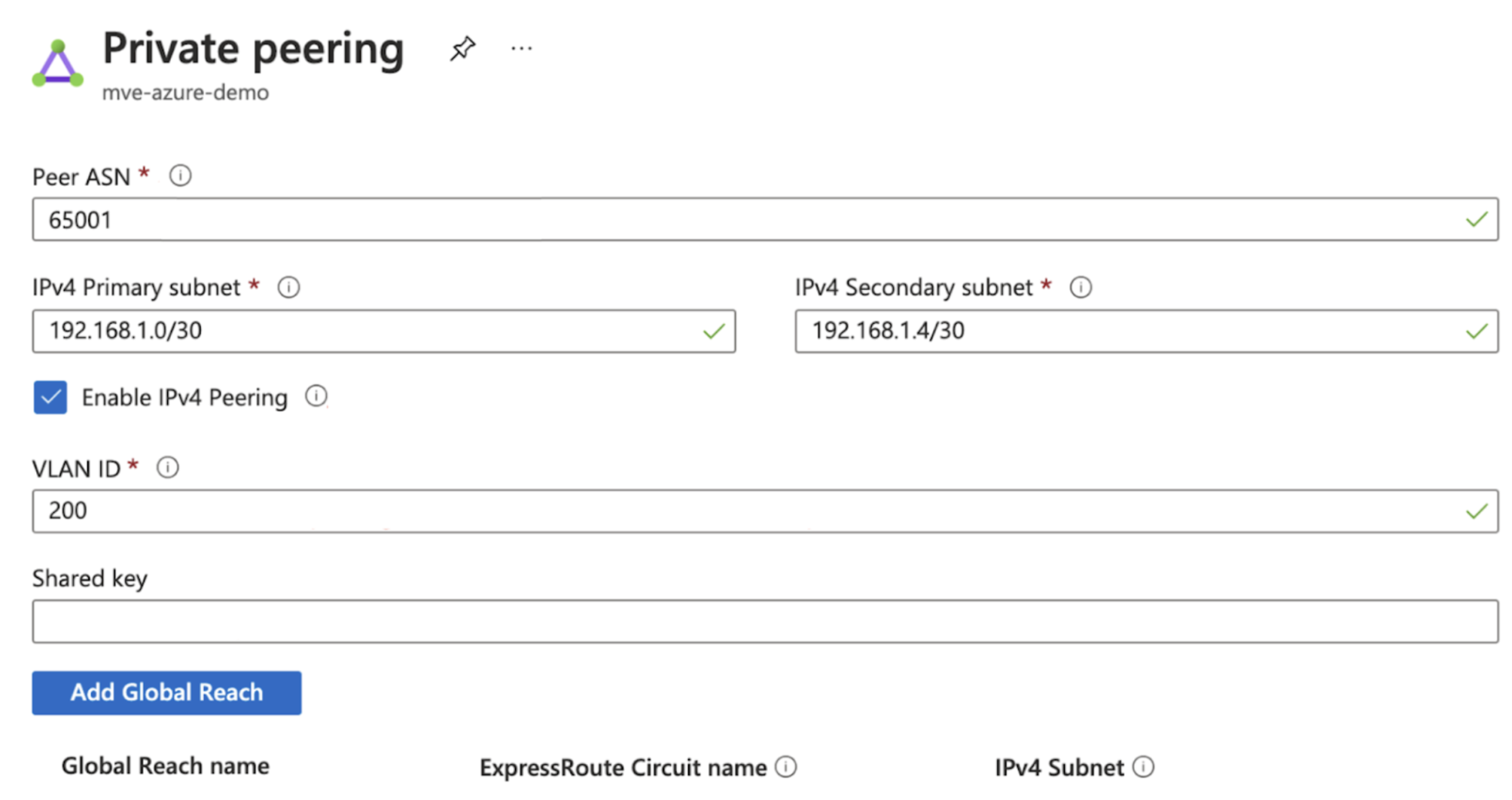 Single Azure Peering VLAN