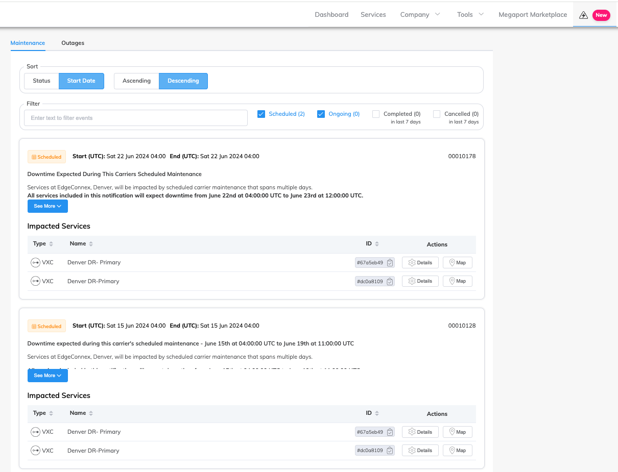 Megaport Portal service status page - maintenance status