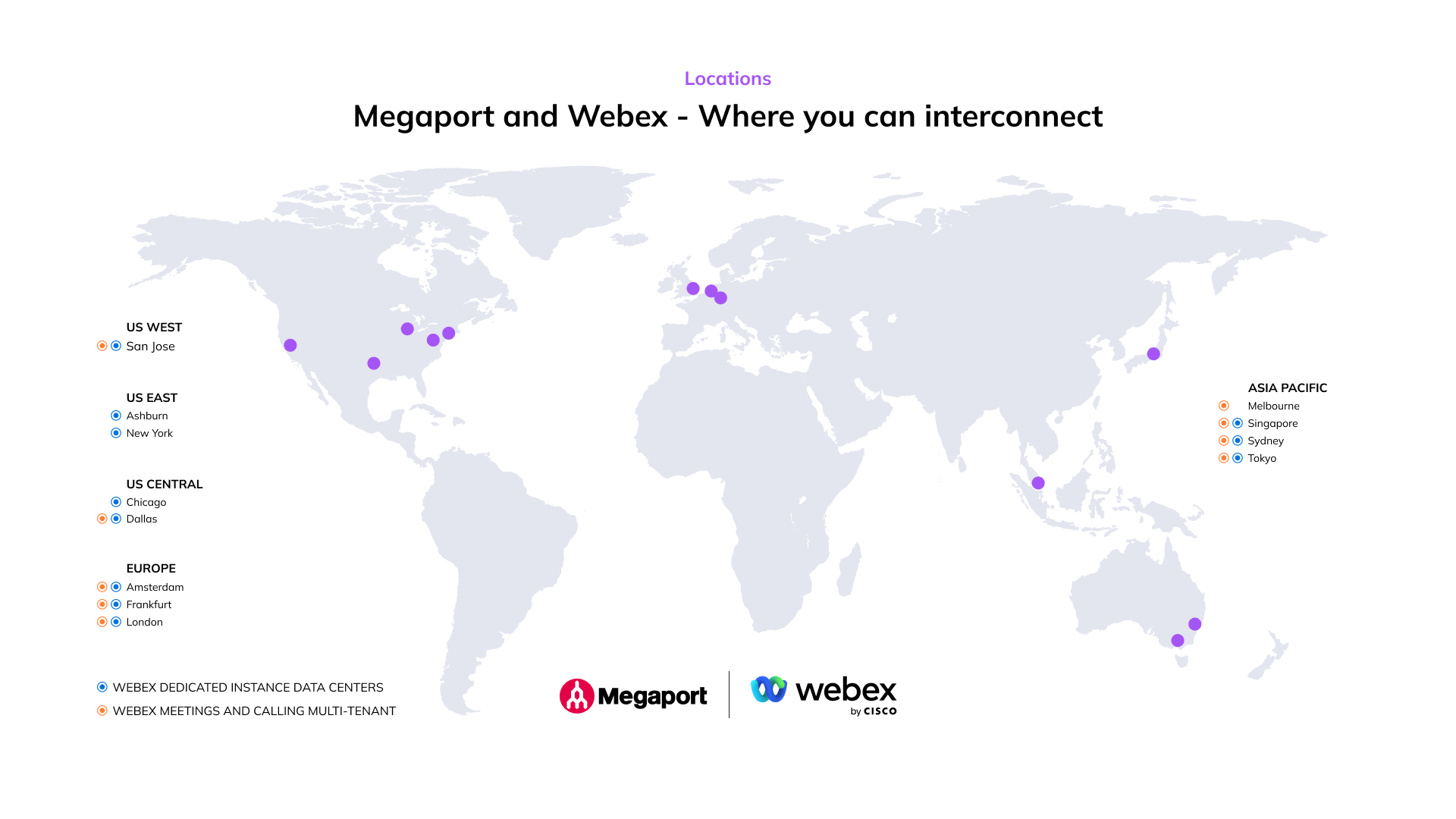 Map of Megaport-connected Webex onramps